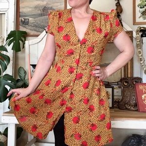 Retro and Vintage Style Animal With Floral Print Button Front Dress